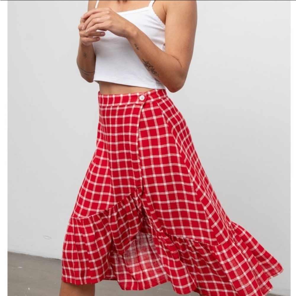 RAILS cottage core midi wrap shirt plaid red white xs slit ruffle Lizzy AFAL2